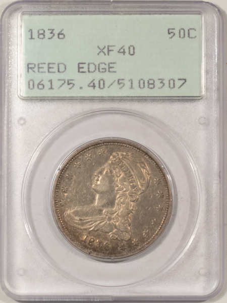 Early Halves 1836 CAPPED BUST HALF DOLLAR, REEDED EDGE – PCGS XF-40 RATTLER HOLDER PQ, LUSTER