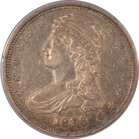 Early Halves 1836 CAPPED BUST HALF DOLLAR, REEDED EDGE – PCGS XF-40 RATTLER HOLDER PQ, LUSTER