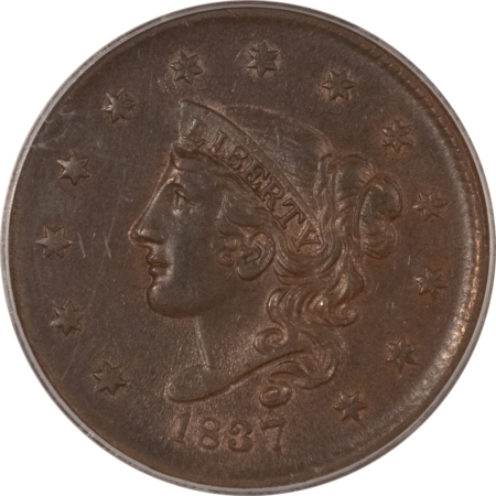 CAC Approved Coins 1837 CORONET HEAD LARGE CENT – PCGS AU-53, PQ, OLD GREEN HOLDER & CAC APPROVED!