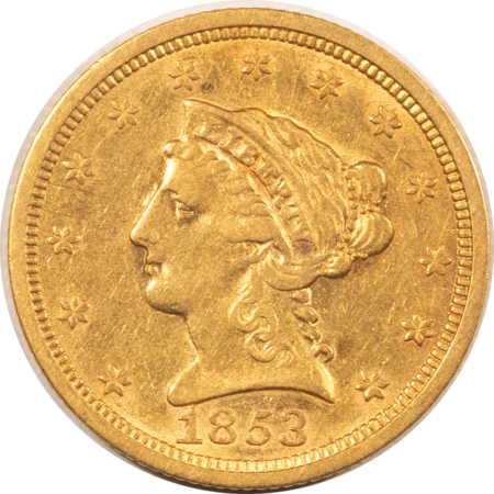$2.50 1853 $2.50 LIBERTY GOLD QUARTER EAGLE, NICE HIGH GRADE CIRCULATED! EARLY DATE!