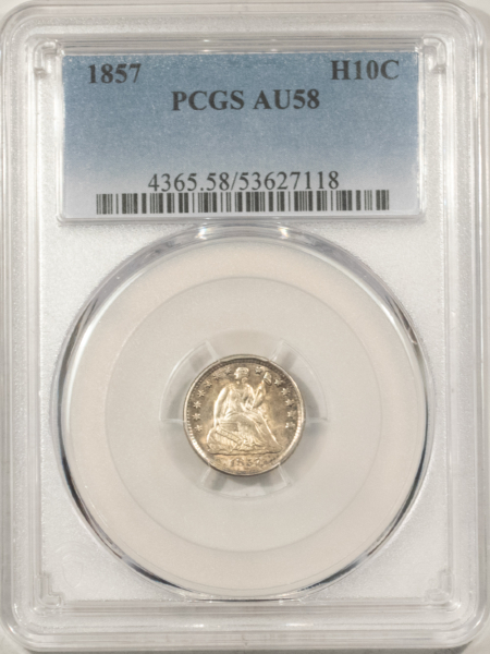 Half Dimes 1857 SEATED LIBERTY HALF DIME – PCGS AU-58, PRETTY!