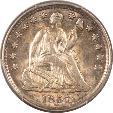 Half Dimes 1857 SEATED LIBERTY HALF DIME – PCGS AU-58, PRETTY!