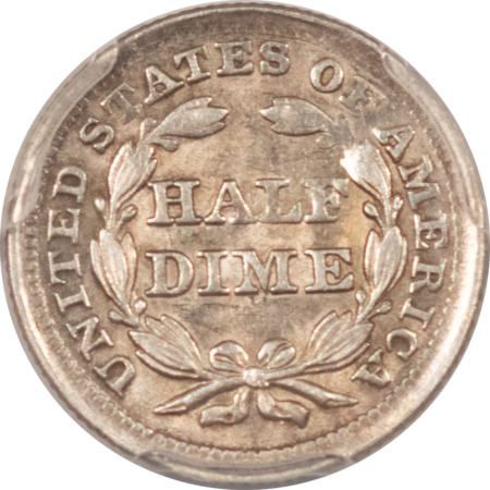 Half Dimes 1857 SEATED LIBERTY HALF DIME – PCGS AU-58, PRETTY!