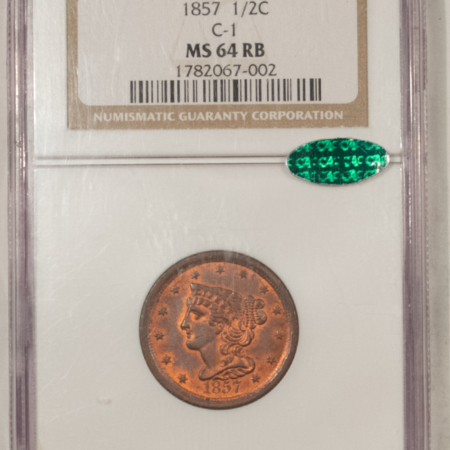 Braided Hair Half Cents 1857 BRAIDED HAIR HALF CENT C-1 – NGC MS-64 RB FRESH, PREMIUM QUALITY AND CAC!