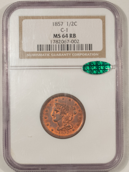 Braided Hair Half Cents 1857 BRAIDED HAIR HALF CENT C-1 – NGC MS-64 RB FRESH, PREMIUM QUALITY AND CAC!