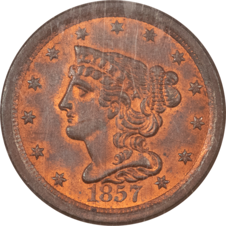 Braided Hair Half Cents 1857 BRAIDED HAIR HALF CENT C-1 – NGC MS-64 RB FRESH, PREMIUM QUALITY AND CAC!