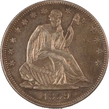 Half Dollars 1859 SEATED LIBERTY HALF DOLLAR – VIRTUALLY UNCIRCULATED DETAILS BUT CLEANED!