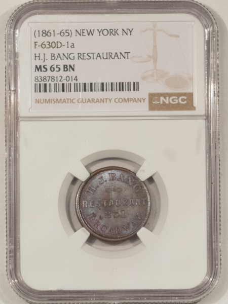 Civil War & Hard Times (1861-65) NEW YORK NY F-630D-1a HJ BANG RESTAURANT NGC MS-65 BN, GORGEOUS PQ GEM