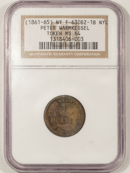 Civil War & Hard Times (1861-65) NY F-630BZ-1B NYC PETER WARMKESSEL TOKEN, R-6- NGC MS-64 GORGOUS COLOR