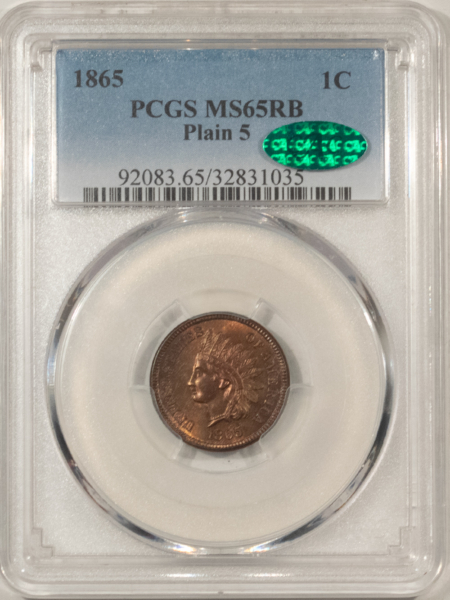 CAC Approved Coins 1865 INDIAN CENT PLAIN 5 – PCGS MS-65 RB, FRESH, PREMIUM QUALITY & CAC APPROVED!