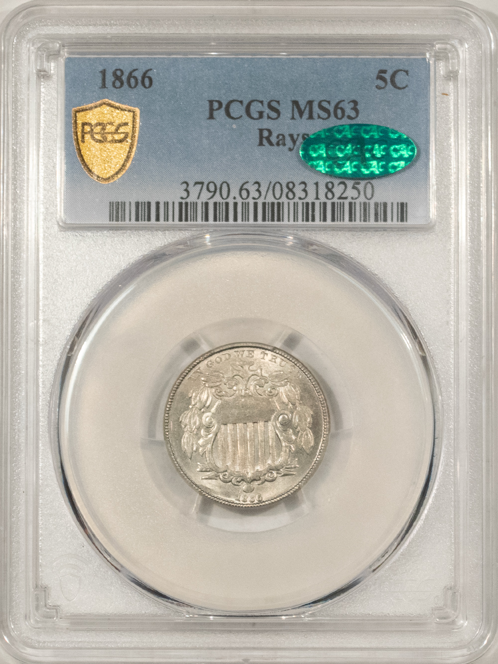 CAC Approved Coins 1866 SHIELD NICKEL, RAYS – PCGS MS-63, CAC APPROVED! BLAZING LUSTER & PQ+! CAC Approved Coins 1866 SHIELD NICKEL, RAYS – PCGS MS-63, CAC APPROVED! BLAZING LUSTER & PQ+!