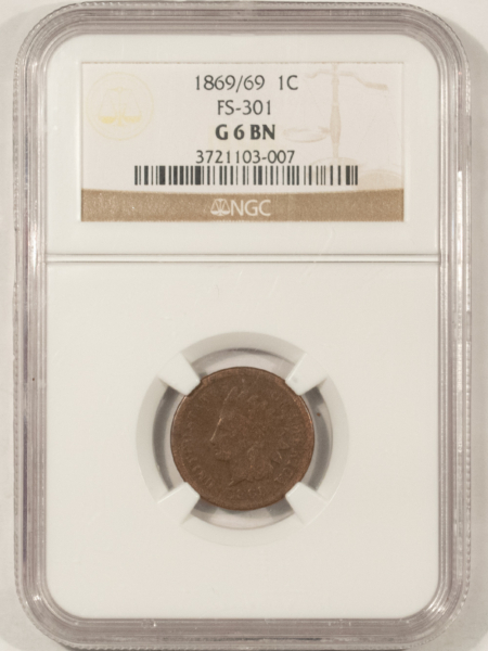 Indian 1869/69 INDIAN CENT, FS-301, S-3 – NGC-G-6 BN, POPULAR VARIETY!