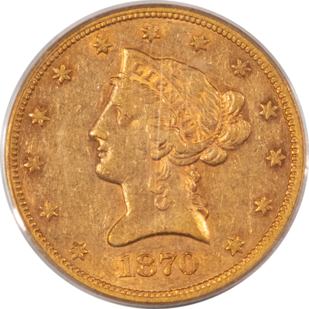$10 1870-S $10 LIBERTY GOLD EAGLE – PCGS AU-50, RARE SAN FRANCISCO EAGLE! 80+ KNOWN!