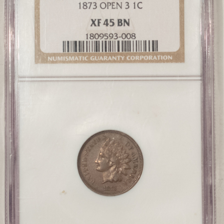 Indian 1873 INDIAN CENT, OPEN 3 – NGC XF-45 BN, NICE SMOOTH BROWN