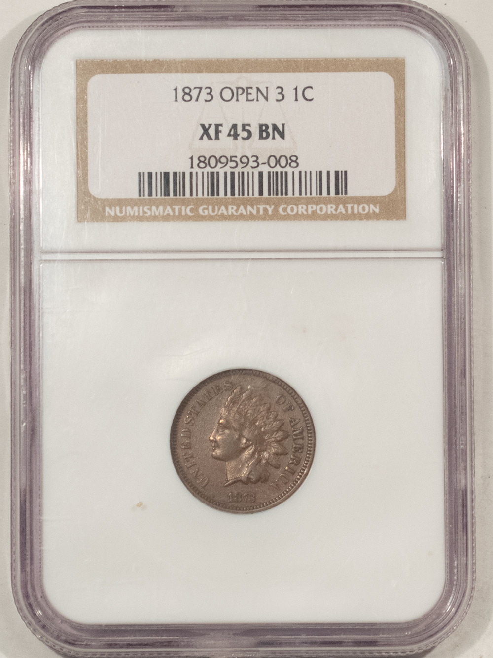 Indian 1873 INDIAN CENT, OPEN 3 – NGC XF-45 BN, NICE SMOOTH BROWN Indian 1873 INDIAN CENT, OPEN 3 – NGC XF-45 BN, NICE SMOOTH BROWN