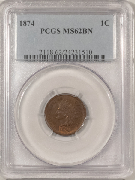 Indian 1874 INDIAN CENT – PCGS MS-62 BN, CHOICE & ORIGINAL!
