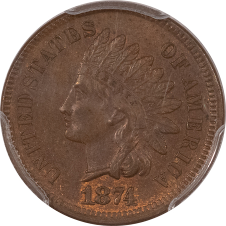 Indian 1874 INDIAN CENT – PCGS MS-62 BN, CHOICE & ORIGINAL!