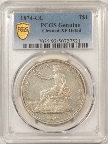 Dollars 1874-CC $1 TRADE DOLLAR PCGS XF DETAILS, CLEANED, LOOKS BETTER, NICE CARSON CITY