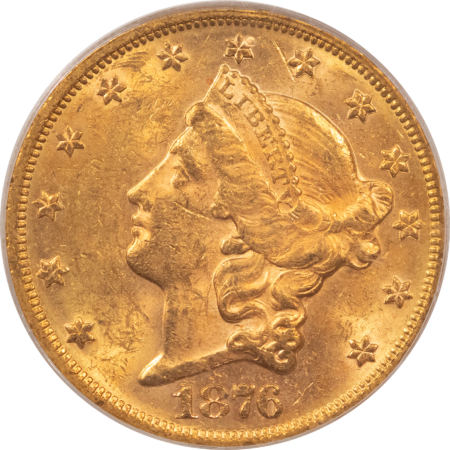 $20 1876 $20 LIBERTY GOLD DOUBLE EAGLE – PCGS AU-50, OLD GREEN HOLDER, A REAL BU!
