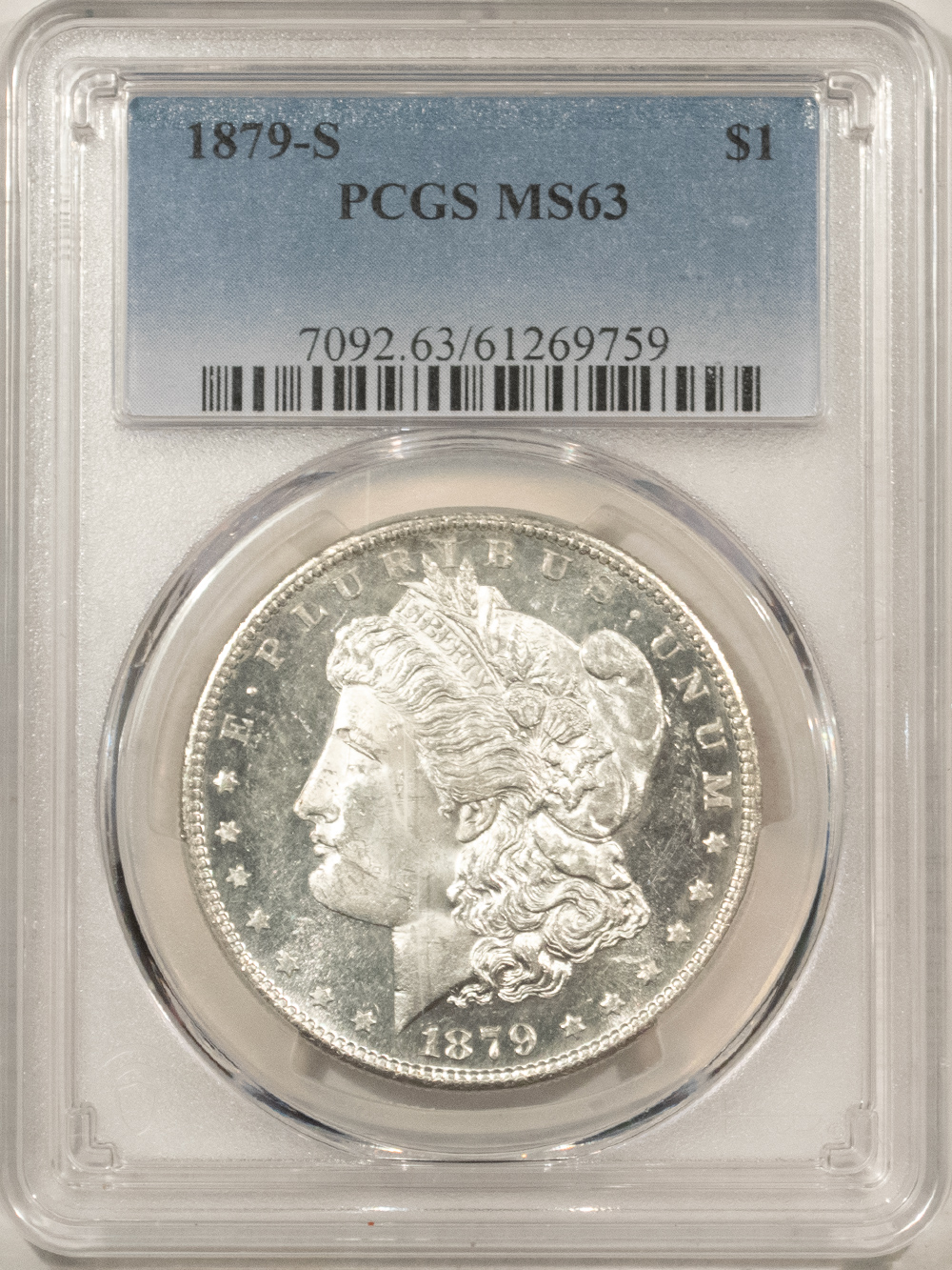 Dollars 1879-S $1 MORGAN DOLLAR – PCGS MS-63, LOOKS PROOFLIKE! OBVERSE DEEP! Dollars 1879-S $1 MORGAN DOLLAR – PCGS MS-63, LOOKS PROOFLIKE! OBVERSE DEEP!