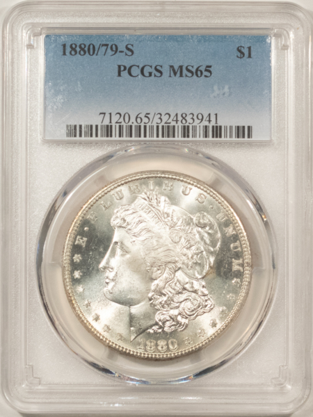Dollars 1880/79-S $1 MORGAN DOLLAR – PCGS MS-65 BLAZING WHITE GEM!