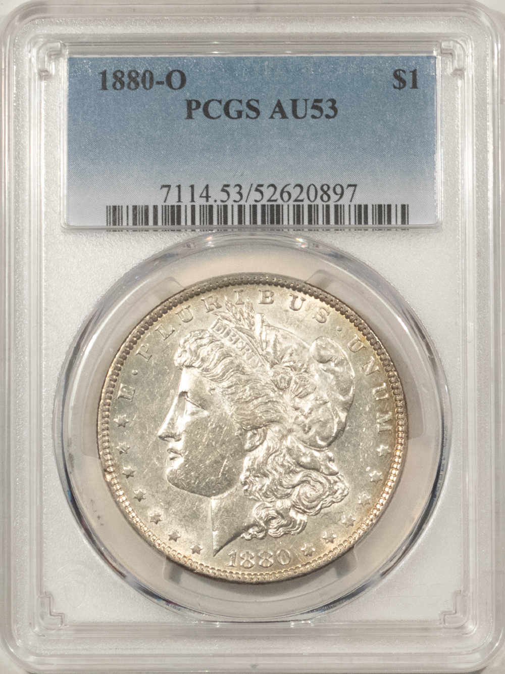 Dollars 1880-O $1 MORGAN DOLLAR – PCGS AU-53, FLASHY WHITE Dollars 1880-O $1 MORGAN DOLLAR – PCGS AU-53, FLASHY WHITE
