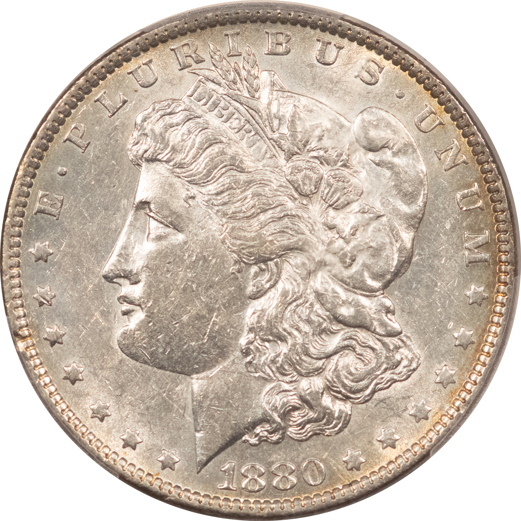 Dollars 1880-O $1 MORGAN DOLLAR – PCGS AU-53, FLASHY WHITE Dollars 1880-O $1 MORGAN DOLLAR – PCGS AU-53, FLASHY WHITE