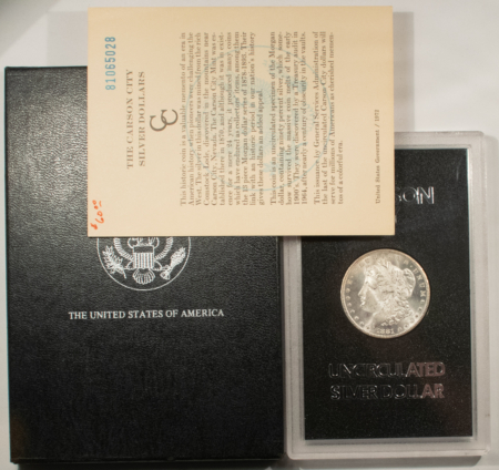 Dollars 1881-CC MORGAN DOLLAR, GSA HARD CASE, W/ BOX & CARD – FROSTY WHITE CARSON CITY!