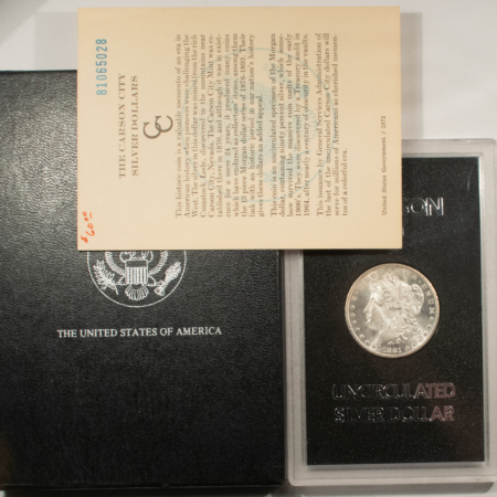 Dollars 1881-CC MORGAN DOLLAR, GSA HARD CASE, W/ BOX & CARD – FROSTY WHITE CARSON CITY!
