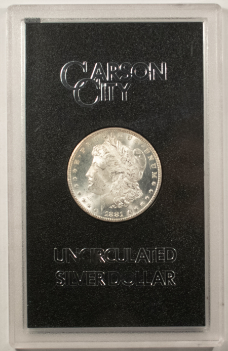 Dollars 1881-CC MORGAN DOLLAR, GSA HARD CASE, W/ BOX & CARD – FROSTY WHITE CARSON CITY!