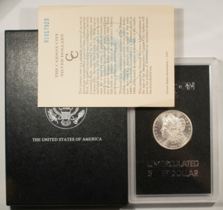 Dollars 1881-CC MORGAN DOLLAR, GSA HARD CASE, BOX & CARD-LUSTROUS WHITE, SUPERB REVERSE!
