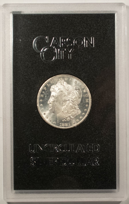 Dollars 1881-CC MORGAN DOLLAR, GSA HARD CASE, W/ BOX & CARD – FROSTY CHOICE CARSON CITY!