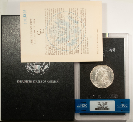 Dollars 1881-CC MORGAN DOLLAR, GSA HARD CASE, NGC MS-62 W/ BOX & CERT-FROSTY WHITE!