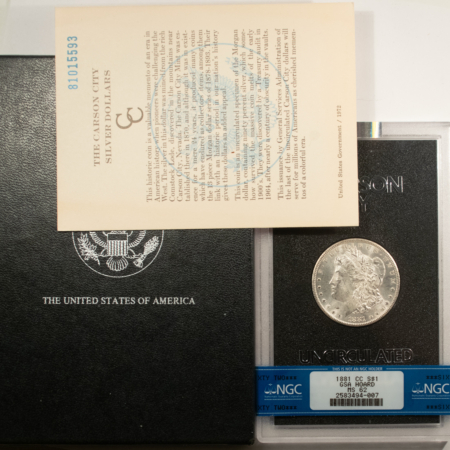 Dollars 1881-CC MORGAN DOLLAR, GSA HARD CASE, NGC MS-62 W/ BOX & CERT-FROSTY WHITE!