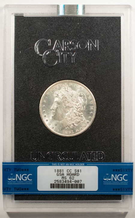 Dollars 1881-CC MORGAN DOLLAR, GSA HARD CASE, NGC MS-62 W/ BOX & CERT-FROSTY WHITE!