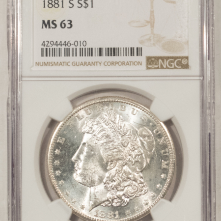 Dollars 1881-S $1 MORGAN DOLLAR – NGC MS-63, BLAST WHITE!
