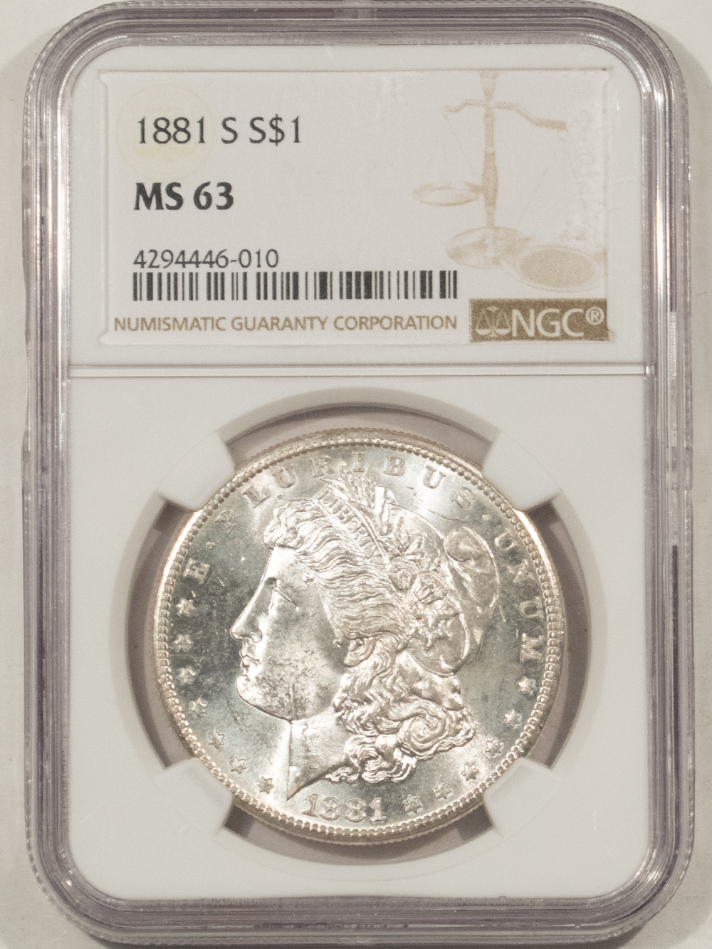 Dollars 1881-S $1 MORGAN DOLLAR – NGC MS-63, BLAST WHITE! Dollars 1881-S $1 MORGAN DOLLAR – NGC MS-63, BLAST WHITE!