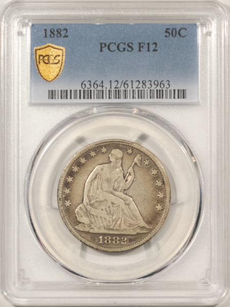 Half Dollars 1882 SEATED LIBERTY HALF DOLLAR – PCGS F-12, RARE BUSINESS STRIKE!