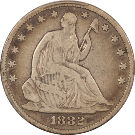 Half Dollars 1882 SEATED LIBERTY HALF DOLLAR – PCGS F-12, RARE BUSINESS STRIKE!