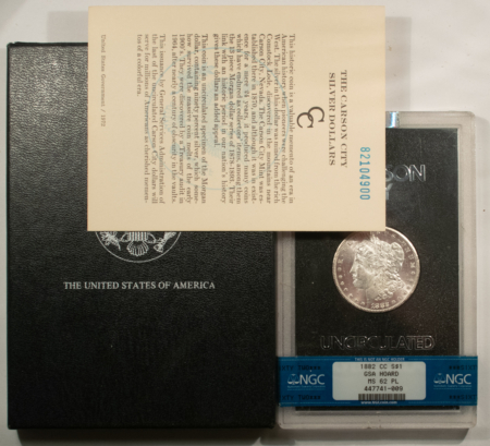 Dollars 1882-CC $1 MORGAN DOLLAR GSA – NGC MS-62 PL, PROOFLIKE W/ BOX/CARD, CARSON CITY!