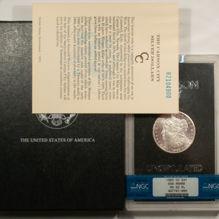 Dollars 1882-CC $1 MORGAN DOLLAR GSA – NGC MS-62 PL, PROOFLIKE W/ BOX/CARD, CARSON CITY!