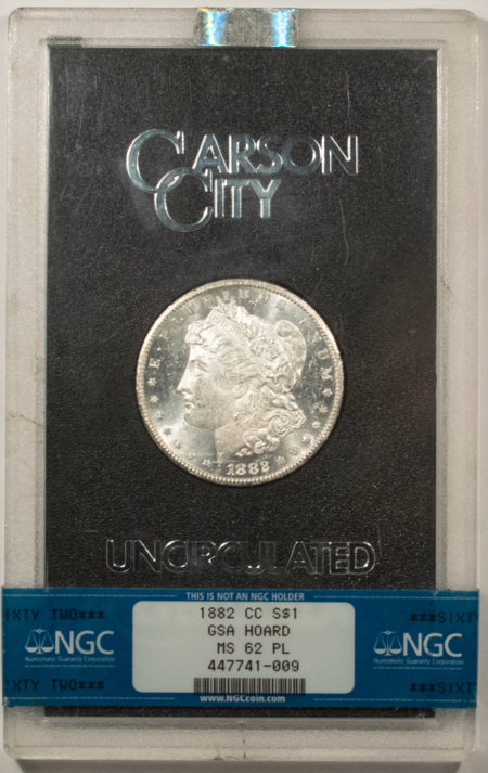 Dollars 1882-CC $1 MORGAN DOLLAR GSA – NGC MS-62 PL, PROOFLIKE W/ BOX/CARD, CARSON CITY!