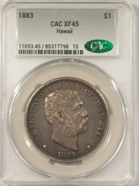 Hawaii/U.S. Territory Coins 1883 HAWAII TERRITORIAL DOLLAR – CACG XF-45 PERFECT FOR THE GRADE, CAC APPROVED!