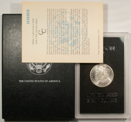 Dollars LOW-MINTAGE 1885-CC MORGAN DOLLAR, GSA HARD CASE, BOX/CERT-ORIG WHITE/CHOICE! 