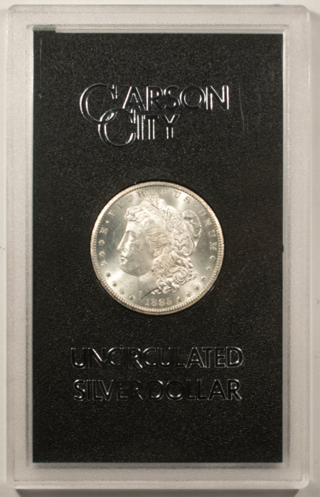Dollars LOW-MINTAGE 1885-CC MORGAN DOLLAR, GSA HARD CASE, BOX/CERT-ORIG WHITE/CHOICE! 