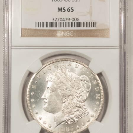 Dollars 1885-CC $1 MORGAN DOLLAR – NGC MS-65, BLAST WHITE GEM, CARSON CITY!