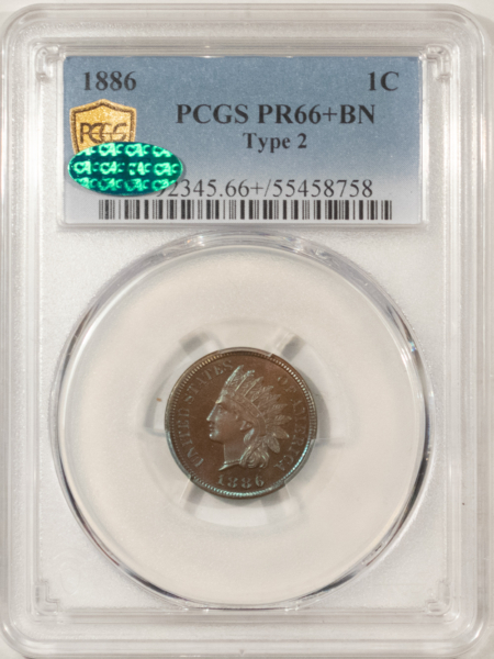 CAC Approved Coins 1886 PROOF INDIAN CENT, TYPE 2 – PCGS PR-66+ BN CAC, GORGOUS & LOOKS SUPERB 67!