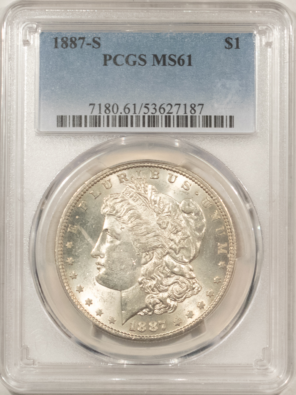 Dollars 1887-S $1 MORGAN DOLLAR – PCGS MS-61 WHITE & LUSTROUS, LOOKS BETTER! Dollars 1887-S $1 MORGAN DOLLAR – PCGS MS-61 WHITE & LUSTROUS, LOOKS BETTER!