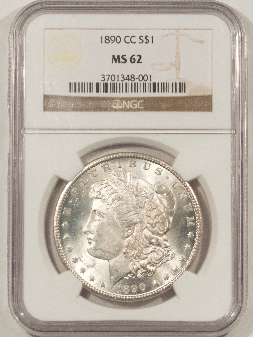 Dollars 1890-CC $1 MORGAN DOLLAR – NGC MS-62, BLAST WHITE, PREMIUM QUALITY, CARSON CITY! Dollars 1890-CC $1 MORGAN DOLLAR – NGC MS-62, BLAST WHITE, PREMIUM QUALITY, CARSON CITY!