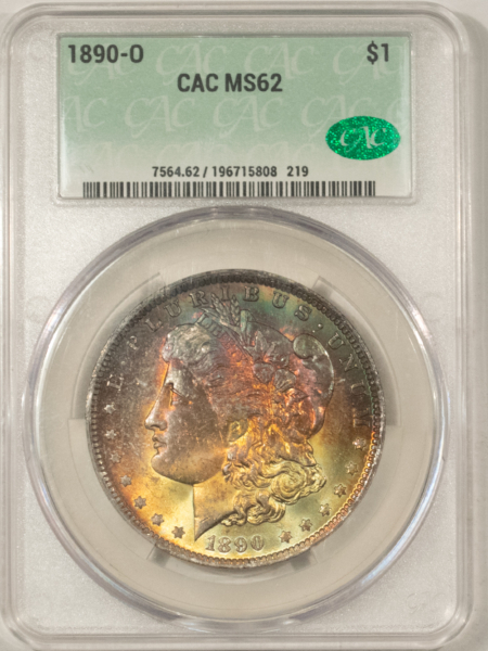 CAC Approved Coins 1890-O $1 MORGAN DOLLAR – CACG MS-62, MONSTER OBVERSE TONING! CAC APPROVED!